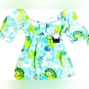 Lilly Pulitzer Blouse Ladies 2 Teal Gr seashell empire waist tie sleeve Vintage